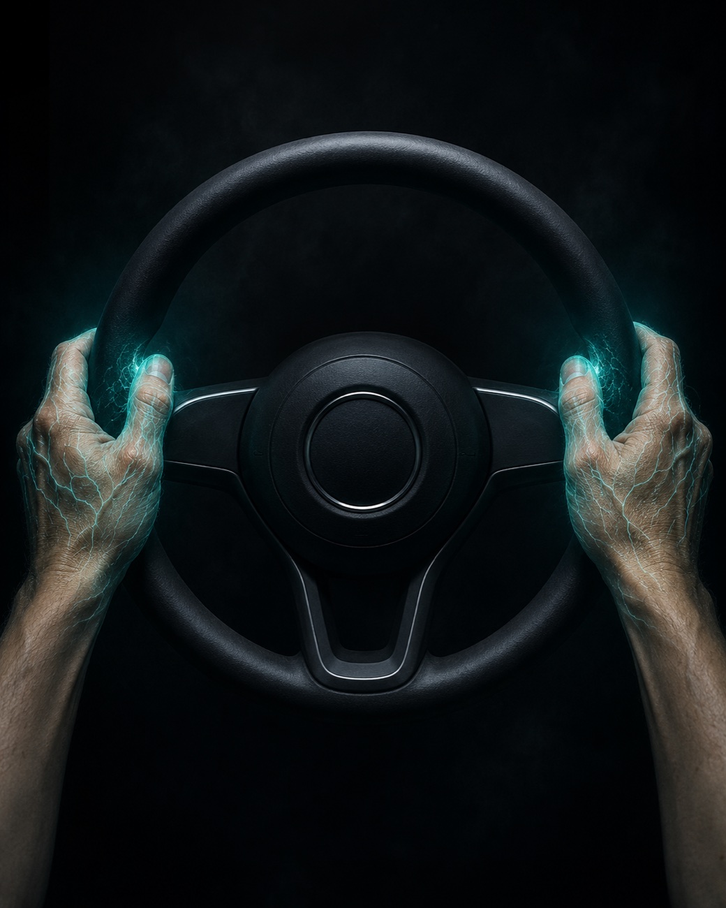 Two hands gripping a steering wheel in the dark, teal energy glowing at the grip points where micro-vibrations are sensed.