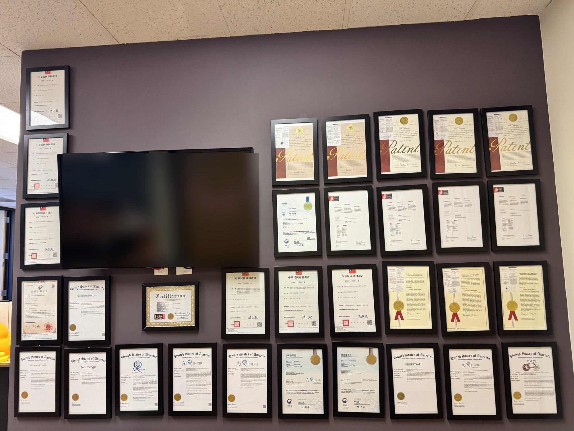 Aerendir® patent wall — framed granted patents from jurisdictions around the world.
